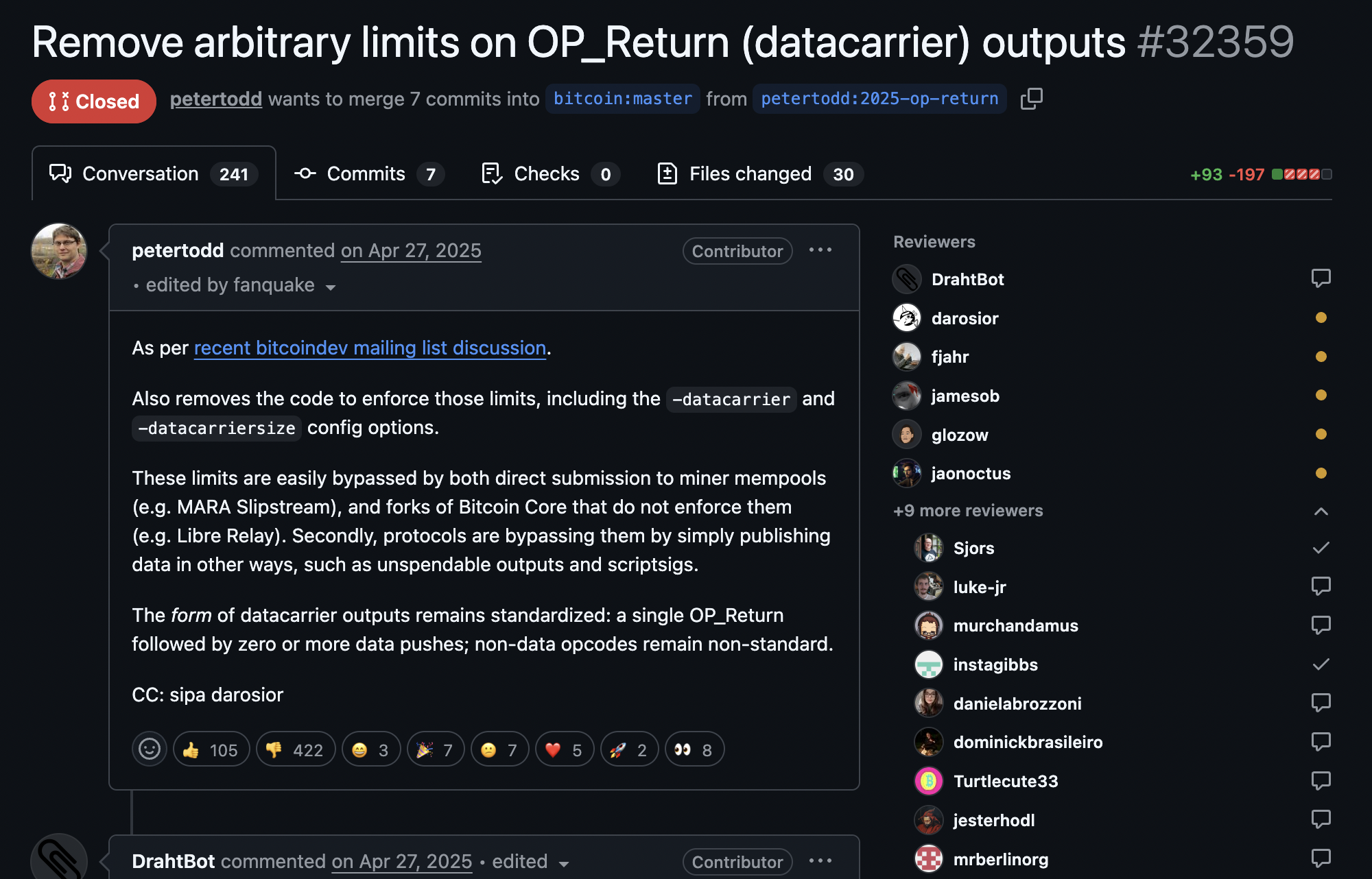 The pull request to remove OP_RETURN's data limit — Bitcoin Core #32359, 2025.